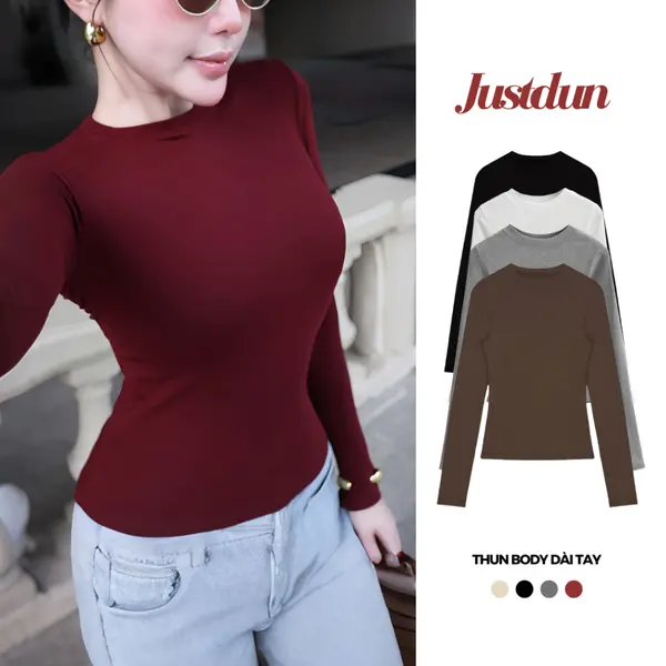 Áo Thun Nữ Dài Tay JUSTDUN A8 Cổ Tròn, Cotton Lông Mịn Dày Dặn, Siêu Co Giãn Mềm Mại, Tôn Dáng