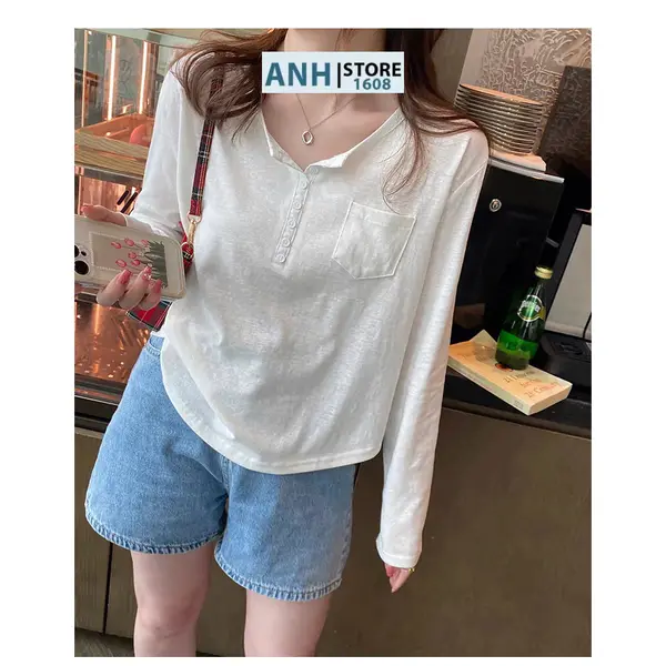 Áo thun nữ PHỐI TÚI DÀI TAY, lai bầu, xẻ trụ nút chất xược ANHSTORE,tay dài nữ kiểu phom lửng phối